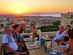 Un gruppo di persone sedute intorno a un tavolo su una terrazza con vista panoramica su Chania, sorseggiando vino cretese mentre il sole tramonta.