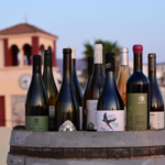 Bottiglie di vino cretese su una botte durante una degustazione con La Cave de Platonie, Chania, Creta.