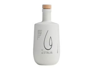 Bouteille de 500 ml d’huile d’olive extra vierge biologique Stalia, en verre peint blanc avec bouchon en bois.