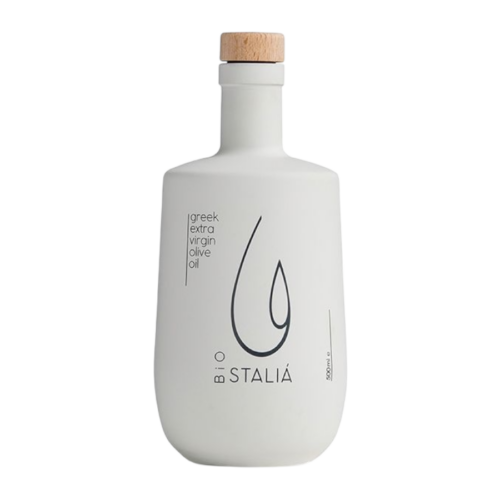 Bouteille de 500 ml d’huile d’olive extra vierge biologique Stalia, en verre peint blanc avec bouchon en bois.
