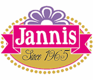 Logo Jannis - pasticceria tradizionale greca, testo "Jannis" su sfondo rosa con scritta "Since 1965" su sfondo giallo, decorazione floreale viola e cerchio di perle dorate.