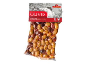 Olives grecques épicées à l’origan et boukovo Ilida 250 g, face avant du sachet