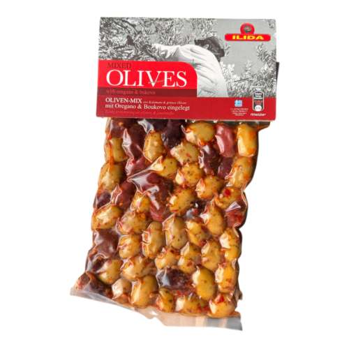 Olives grecques épicées à l’origan et boukovo Ilida 250 g, face avant du sachet