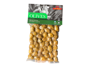 Sachet d’olives vertes grecques à l’origan Ilida 250 g en vue avant