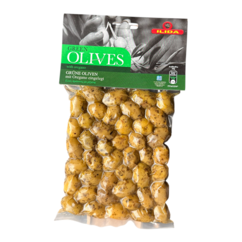 Sachet d’olives vertes grecques à l’origan Ilida 250 g en vue avant