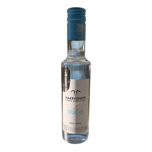 Bouteille d’ouzo grec artisanal Makryonitis, 42 % vol, format 200 ml, Syros Distillery.
