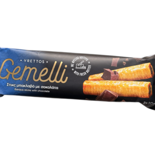 Sticks de baklava au chocolat Vrettos Gemelli 2×30 g – face avant du paquet
