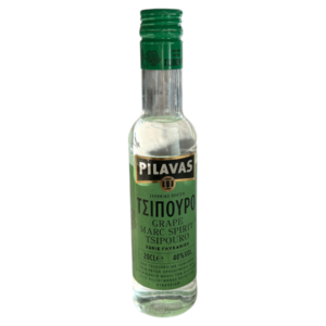 Bottle of Pilavas tsipouro 200 ml front view with green label indicating 40% vol.