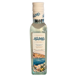 Bottle of Tsipouro Idoniko 200 ml front view with illustrated label