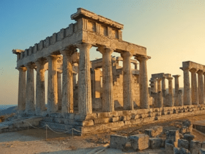 Temple antique d’Égine au coucher du soleil, avec colonnes doriennes et ciel doré.