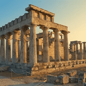 Ancient temple of Aegina at sunset, with Dorian columns and golden sky.