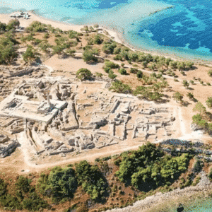 Sanctuary of Kolona and ruins of the ancient city of Aegina, with aerial view of the Aegean Sea.