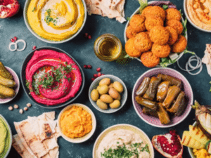Assortiment de mezzés vegan dans des tavernes grecques avec houmous, falafel et légumes frais.