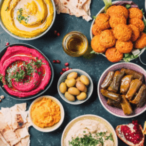 Assorted vegan mezzés in Greek taverns with hummus, falafel and fresh vegetables.