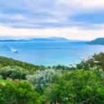 Vue panoramique sur l'île d'Égine en Grèce, avec mer turquoise, collines verdoyantes et oliveraies.