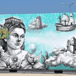 Mural in Aegina depicting the island's art and history, guided artistic tour.