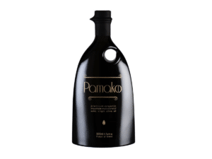 Bouteille de 500 ml d’huile d’olive biologique monovarietale Pamako, bouteille noire design premium