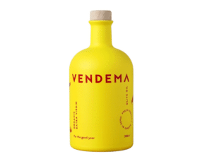 Bouteille de 500 ml d’huile d’olive extra vierge organique Vendema, design moderne jaune