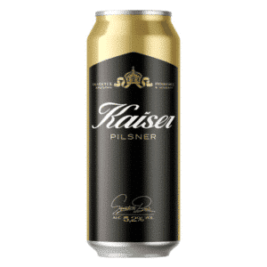 Lattina da 500 ml di birra Pilsner Kaiser, bionda, 5,2% di alcol.
