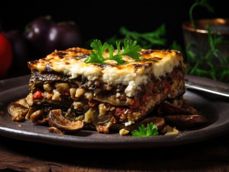 A slice of moussaka on a plate with roasted vegetables in the background